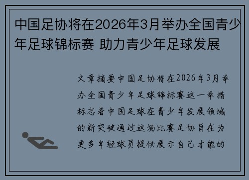 中国足协将在2026年3月举办全国青少年足球锦标赛 助力青少年足球发展 中国足协将在2026年3月举办全国青少年足球锦标赛 助力青少年足球发展
